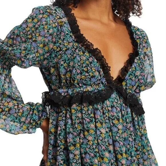 New! Free People Pennie Floral Print Ruffle Long Sleeve Mini Dress, size XS - Picture 2 of 16